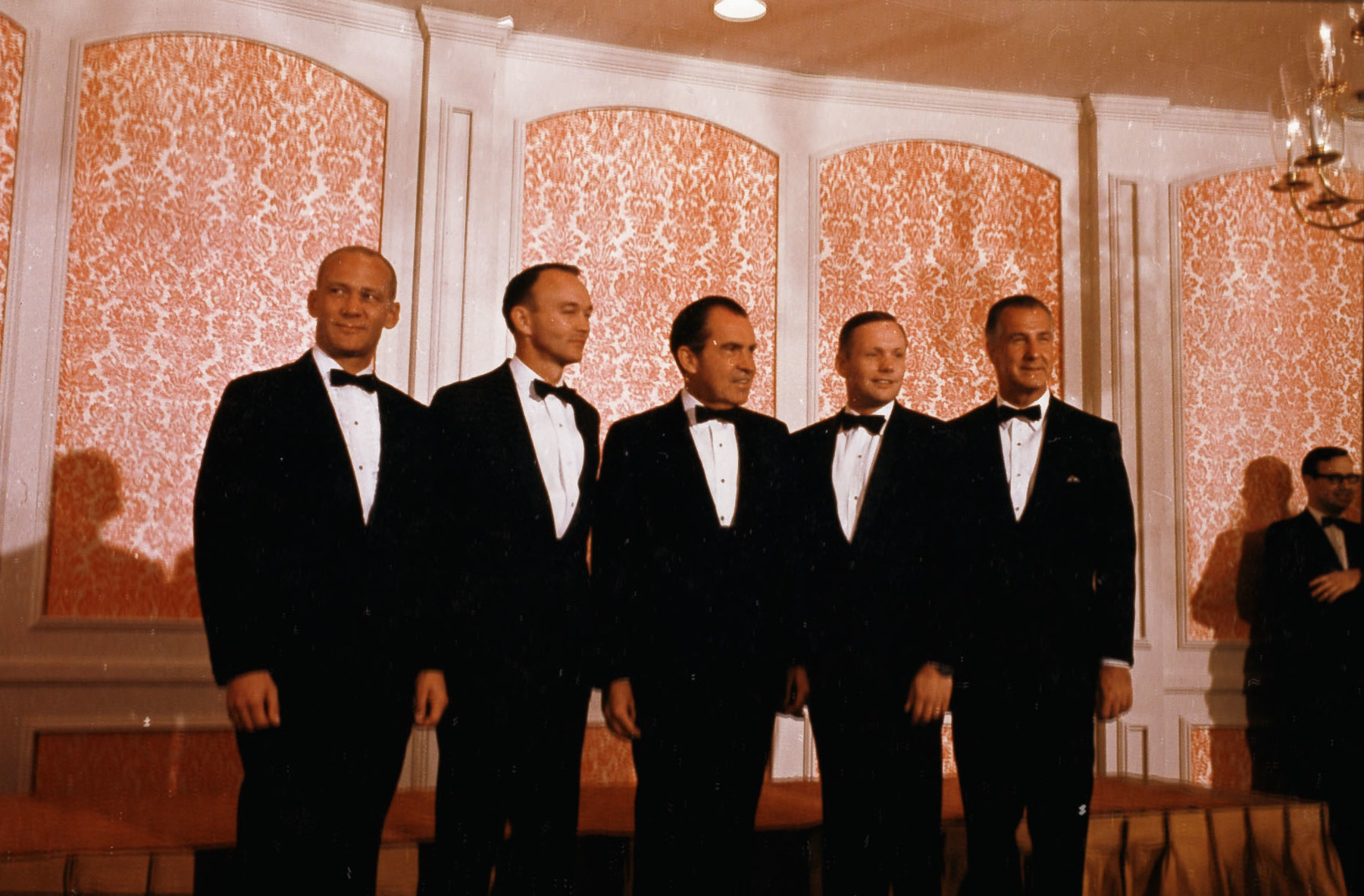 Buzz Aldrin, Michael Collins, President Nixon, Neil Armstrong and Vice President Agnew in black tie in the Century Plaza Hotel ballroom on 13 August 1969.