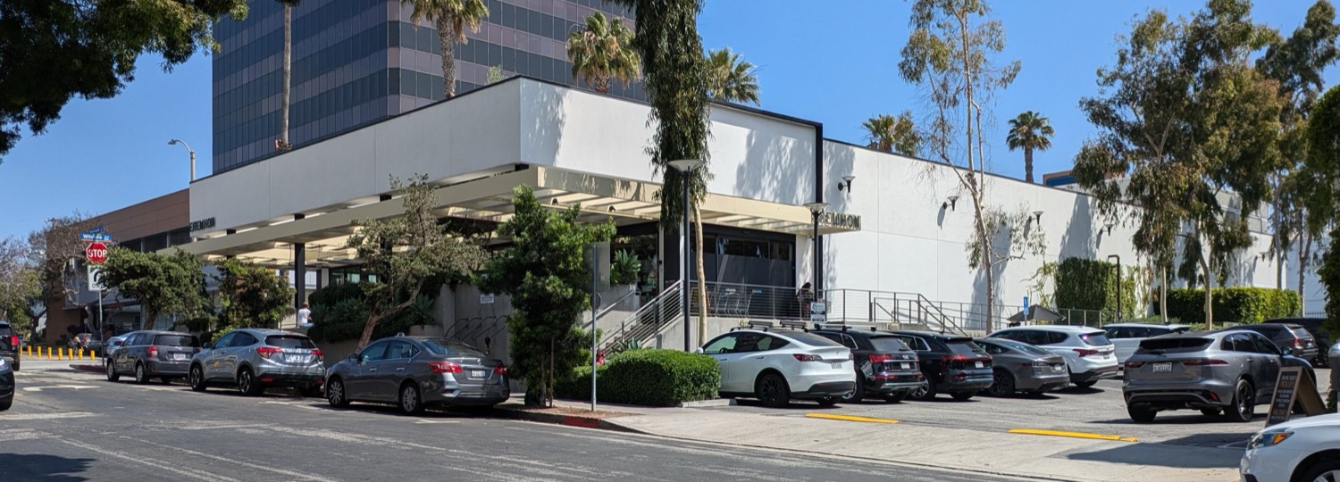 A low white grocery building in Santa Monica with EREWHON lettered on its canopy fascia, cars angle-parked along its front, palm trees and a dark glass office tower rising behind it on a clear day.