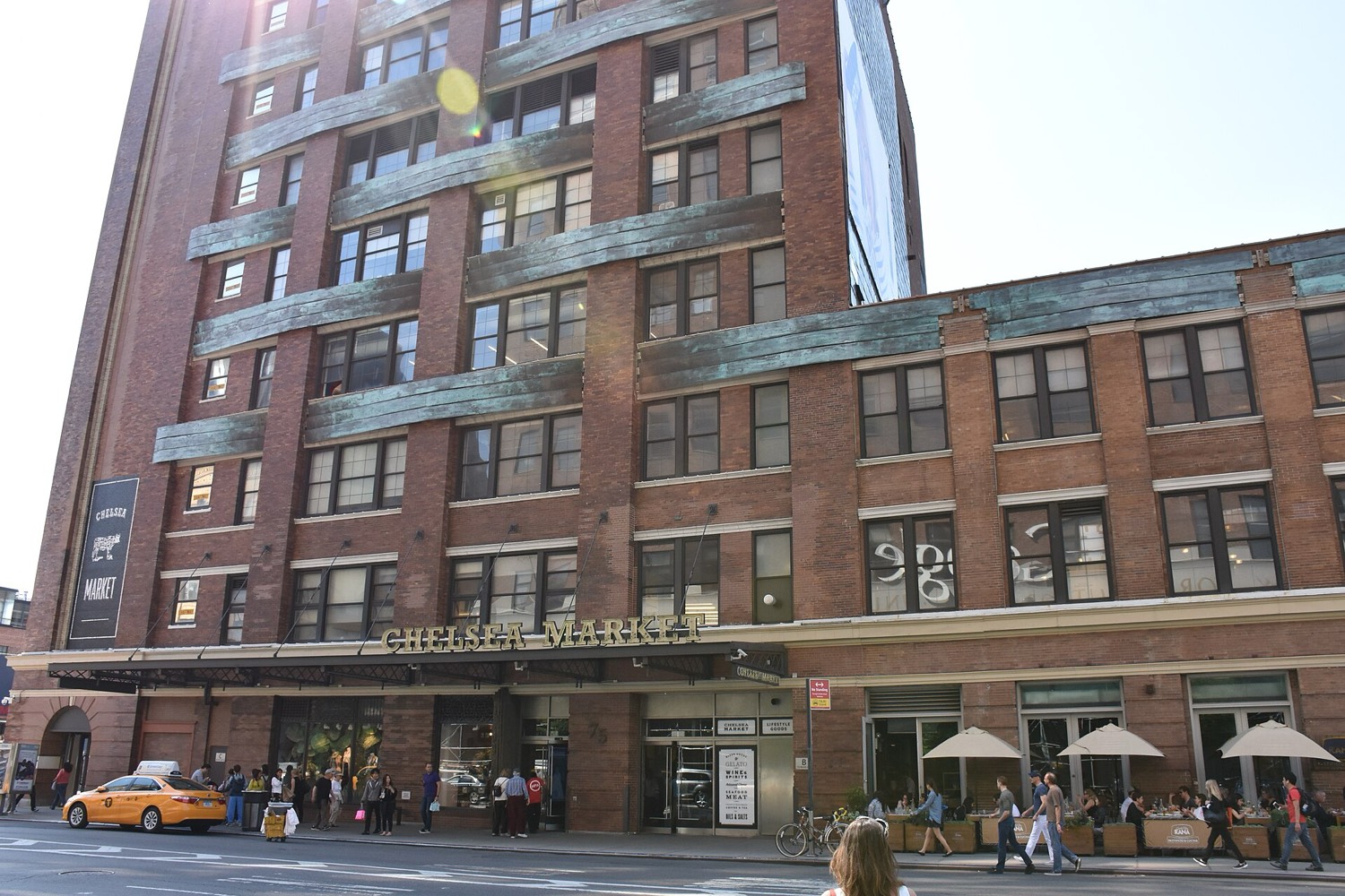 The eastern entrance to Chelsea Market, a red-brick industrial building occupying the former National Biscuit Company complex in Manhattan.