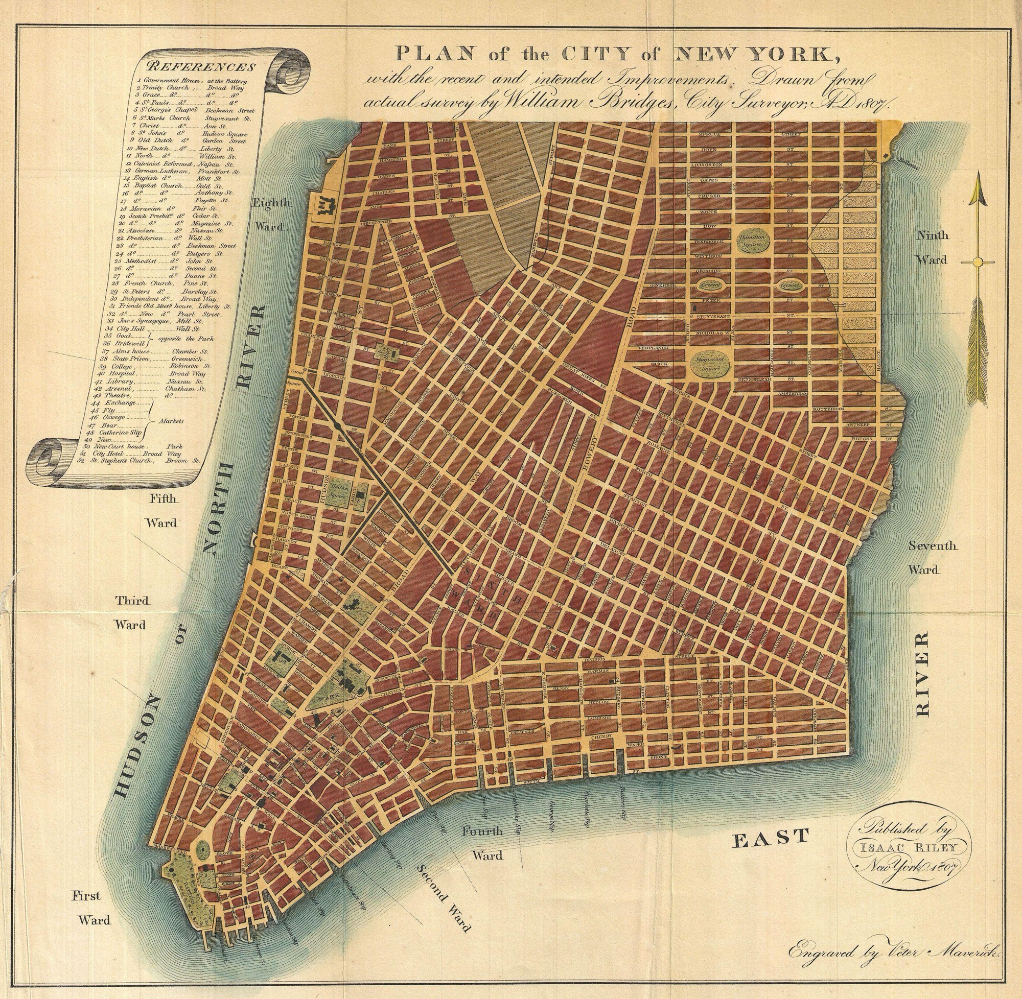 William Bridges’ 1807 Plan of the City of New York — the grid pushing north, with Hudson Square drawn and named on the church’s land near the North River.