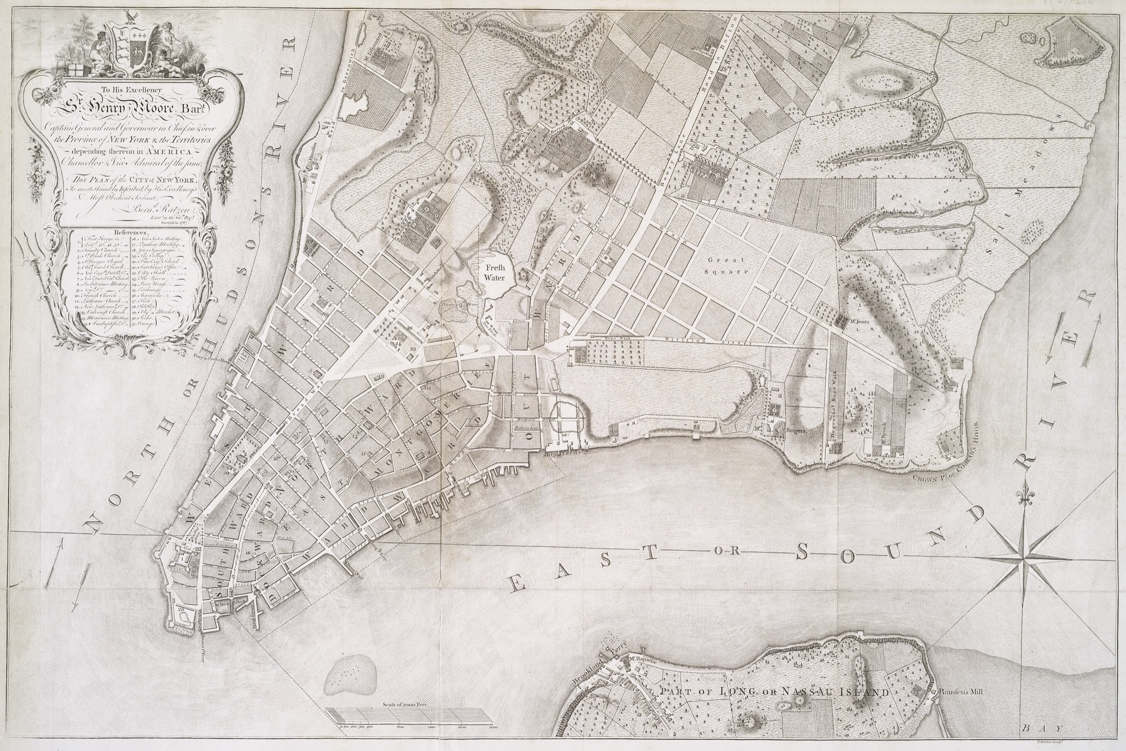 Bernard Ratzer’s 1767 survey of New York — the built city ending below open farmland along the Hudson, the future Hudson Square still fields.