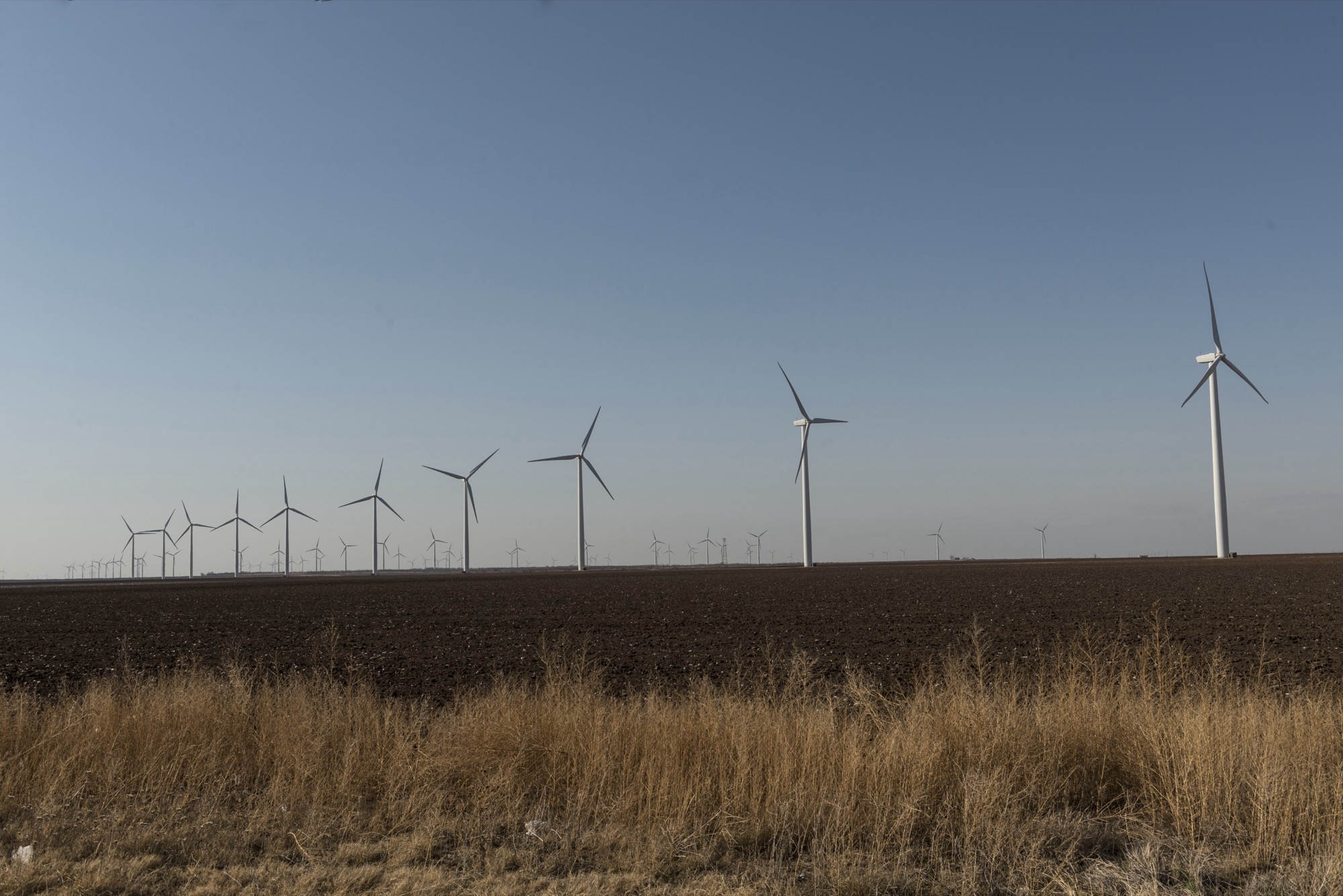 Wind turbines receding to the horizon across plowed West Texas plains near Snyder.