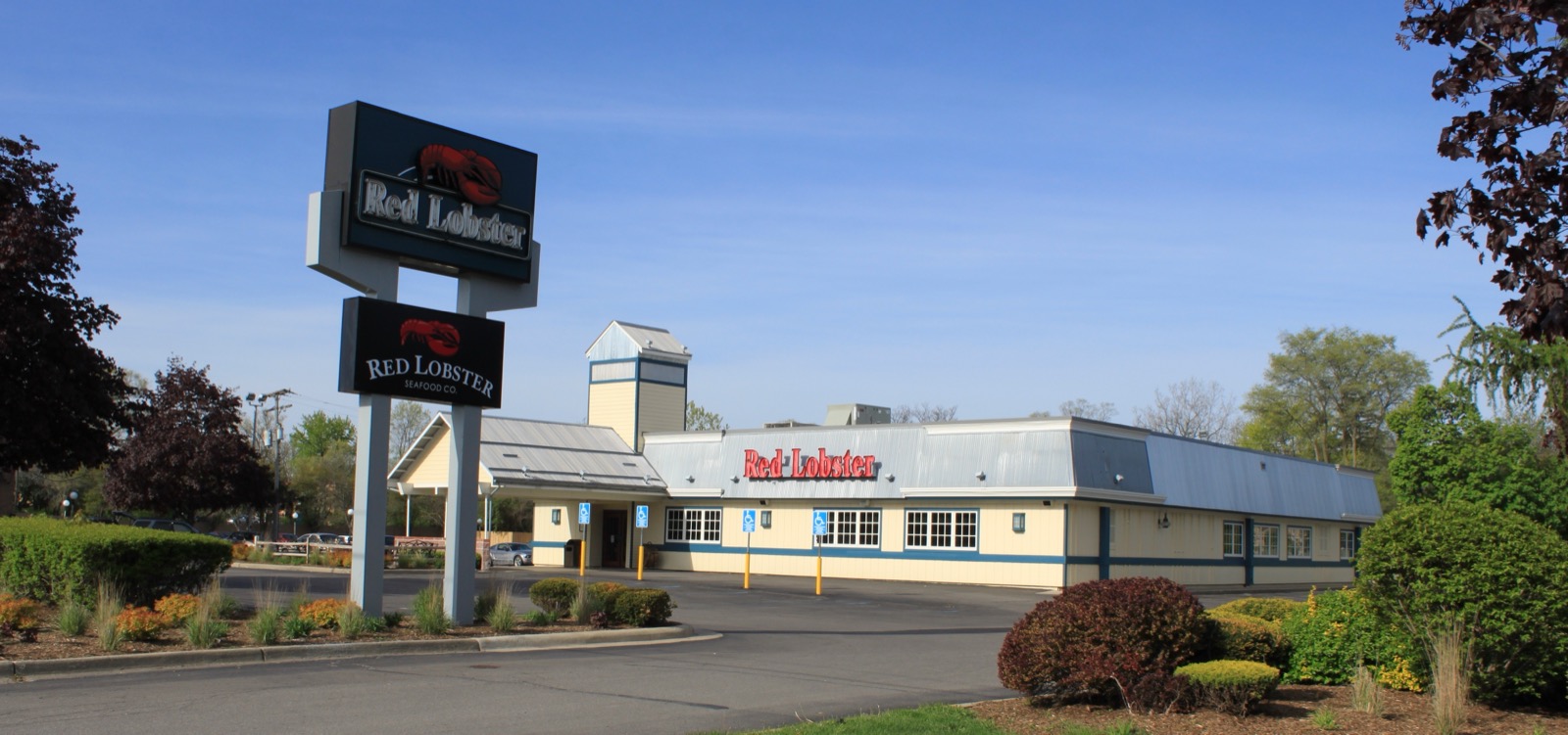 A single-storey Red Lobster restaurant with a blue mansard roof beside a tall roadside pylon sign reading Red Lobster, with a parking lot and trees in the foreground.
