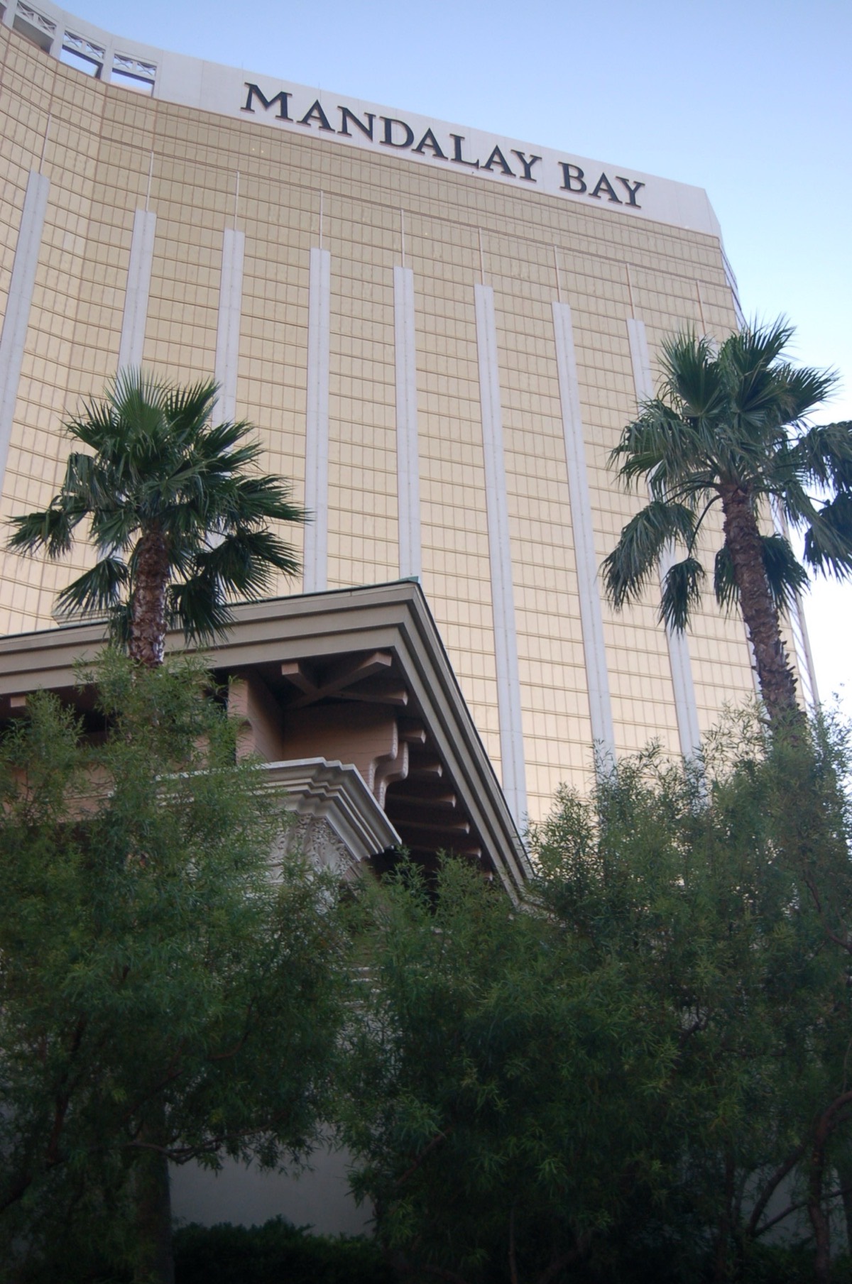 Two palm trees silhouetted against the golden facade of Mandalay Bay, photographed from below, with the resort’s lettering at the top of the tower.