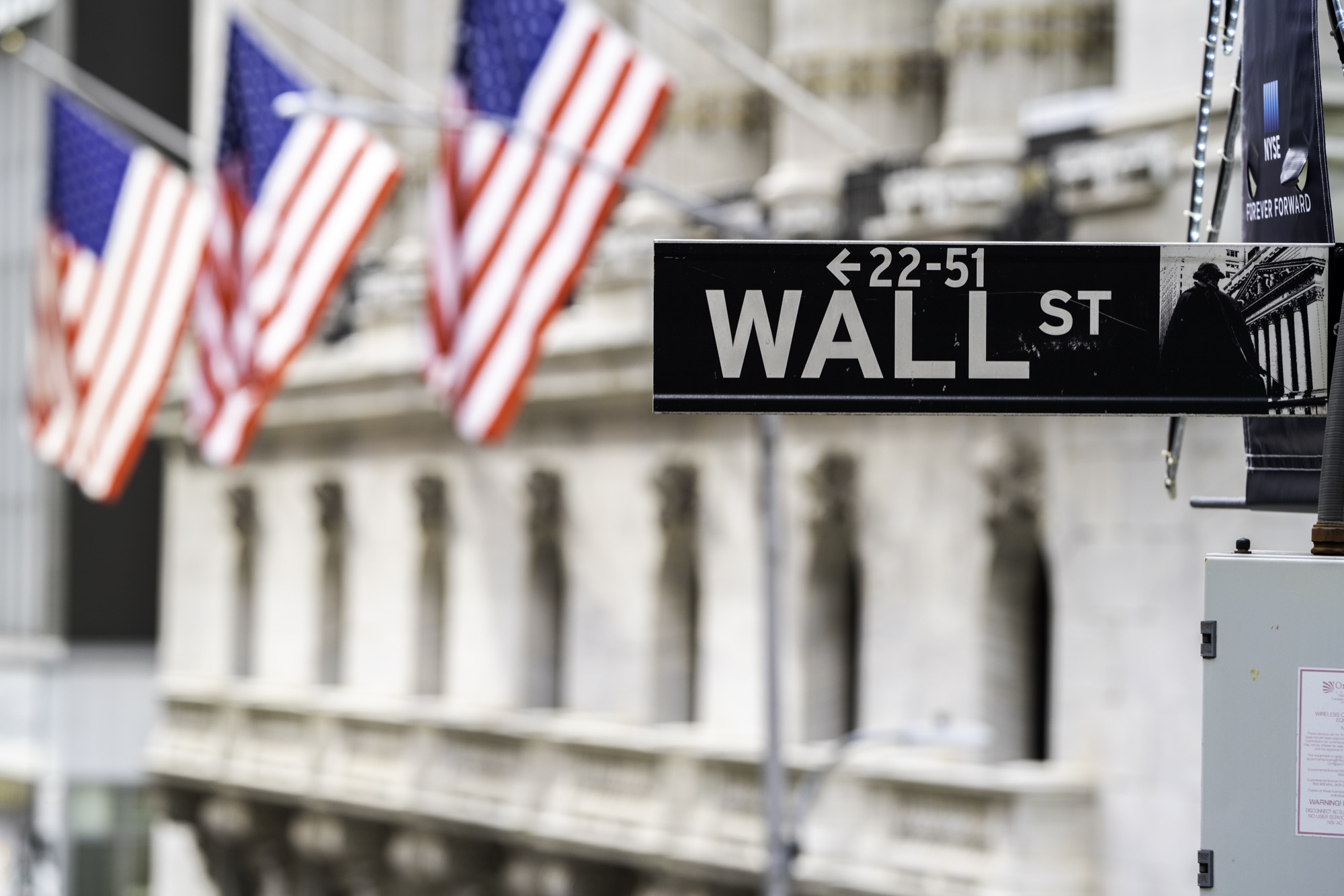 The Wall Street street sign in close-up, with American flags hanging in the background.