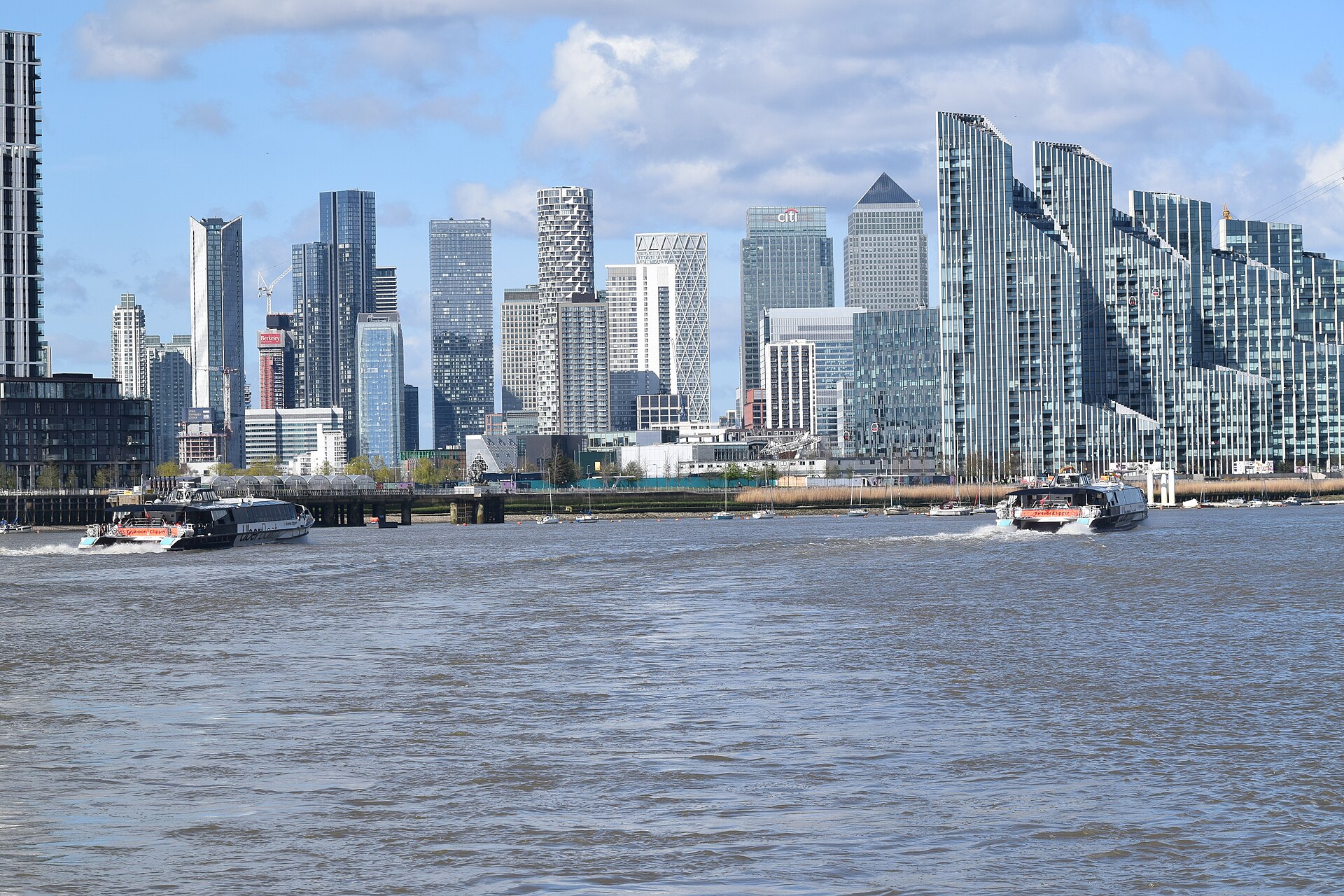 Canary Wharf today from the Thames, 2022